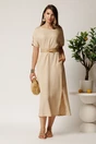 Rochie midi bej din tencel croi drept si curea in talie, 3, dyfashion.ro