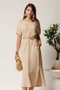 Rochie midi bej din tencel croi drept si curea in talie, 1, dyfashion.ro