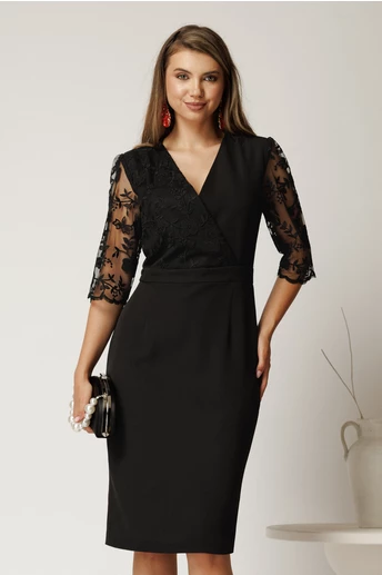 Rochie Bella midi neagra din stofa cu bust si maneci din dantela