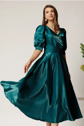 Rochie Belle midi verde din organza in clos cu decolteu petrecut