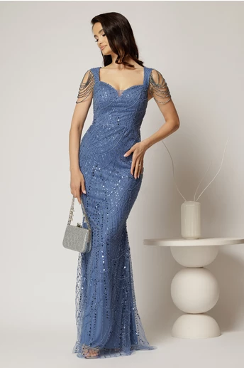 Rochie bleu de seara croi sirena cu aplicatii de paiete si margele