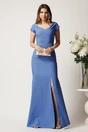 Rochie bleu lunga din stofa cu decolteu barcuta si crapatura pe picior- LaDonna, 1, dyfashion.ro