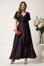 Rochie bleumarin lunga din satin in clos cu buline rosii si volan, 1, dyfashion.ro
