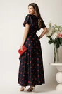 Rochie bleumarin lunga din satin in clos cu buline rosii si volan, 3, dyfashion.ro