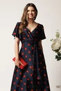 Rochie bleumarin lunga din satin in clos cu buline rosii si volan, 2, dyfashion.ro