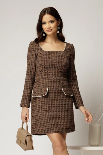 Rochie Bonnie bej din tweed cu lurex si perle