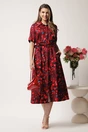 Rochie bordo tip camasa din bumbac cu flori rosii si cordon in talie, 3, dyfashion.ro