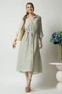 Rochie casual din panza ivory cu dungi kaki si nasturi