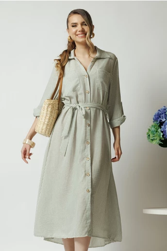 Rochie casual din panza ivory cu dungi kaki si nasturi
