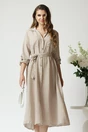 Rochie casual din panza ivory cu dungi maro si nasturi