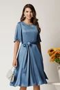 Rochie Celine midi albastra din voal satinat in clos cu cordon in talie, 1, dyfashion.ro