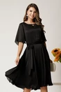 Rochie Celine midi neagra din voal satinat in clos cu cordon in talie, 1, dyfashion.ro