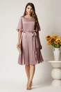 Rochie Celine midi roz pudra din voal satinat in clos cu cordon in talie, 3, dyfashion.ro