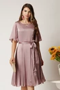 Rochie Celine midi roz pudra din voal satinat in clos cu cordon in talie, 1, dyfashion.ro