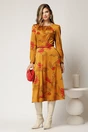 Rochie clos midi galben mustar cu imprimeu si curea in talie, 3, dyfashion.ro