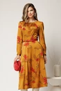 Rochie clos midi galben mustar cu imprimeu si curea in talie, 1, dyfashion.ro