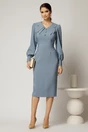 Rochie conica bleu cu nasturi pe bust si guler dublu, 3, dyfashion.ro