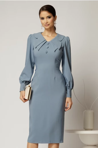 Rochie conica bleu cu nasturi pe bust si guler dublu