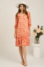 Rochie corai din voal cu croi drept si flori portocalii- Viada, 2, dyfashion.ro
