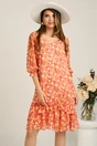 Rochie corai din voal cu croi drept si flori portocalii- Viada, 1, dyfashion.ro