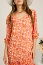Rochie corai din voal cu croi drept si flori portocalii- Viada, 3, dyfashion.ro
