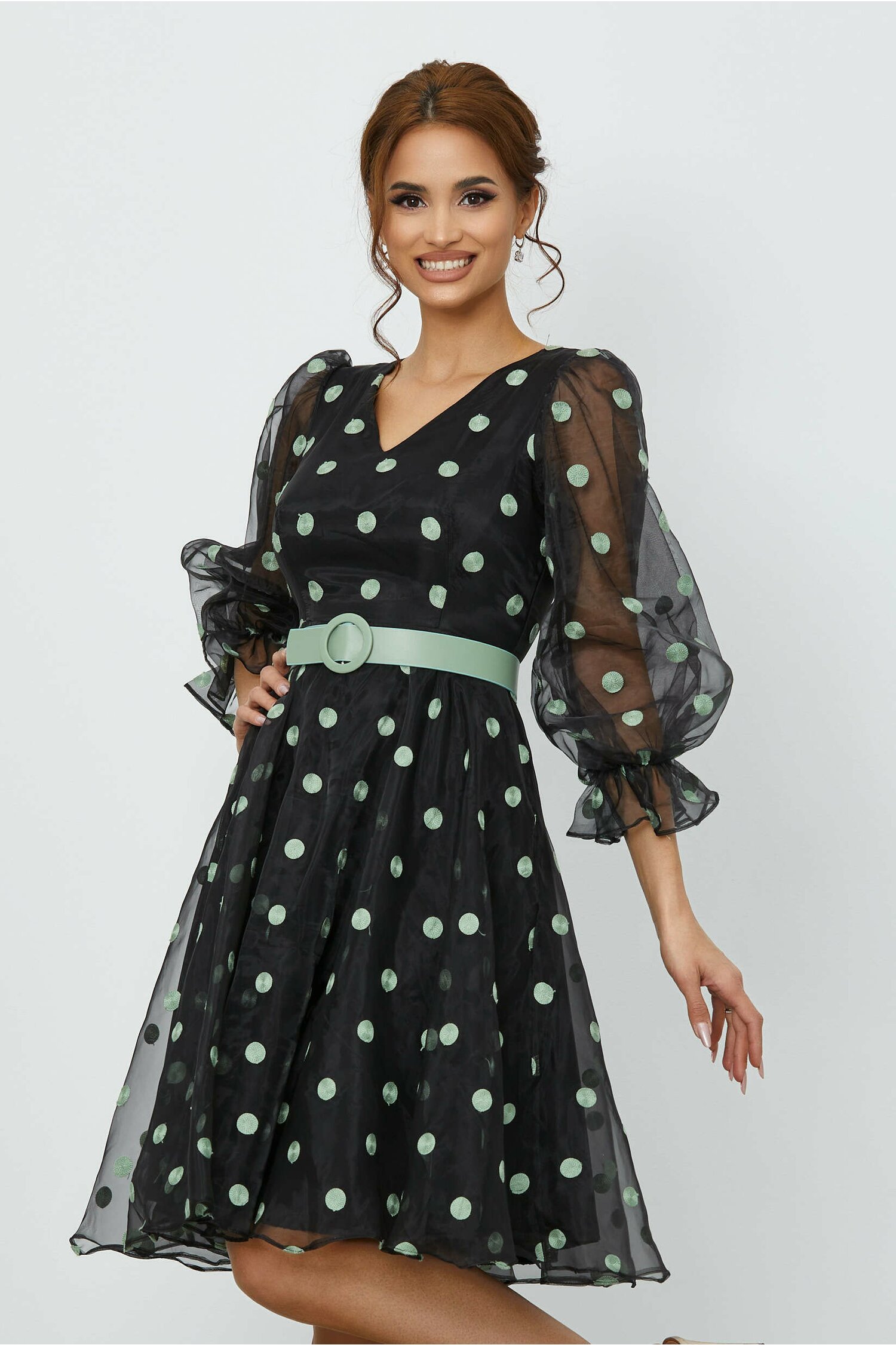 Rochie corina neagra cu buline verzi