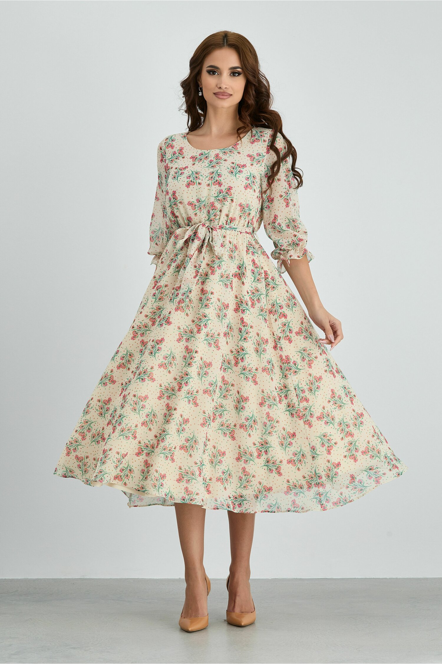 Rochie crina beige cu imprimeu floral si cordon in talie