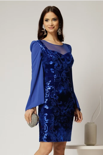Rochie Daimond eleganta din catifea albastra cu paiete si maneci din voal