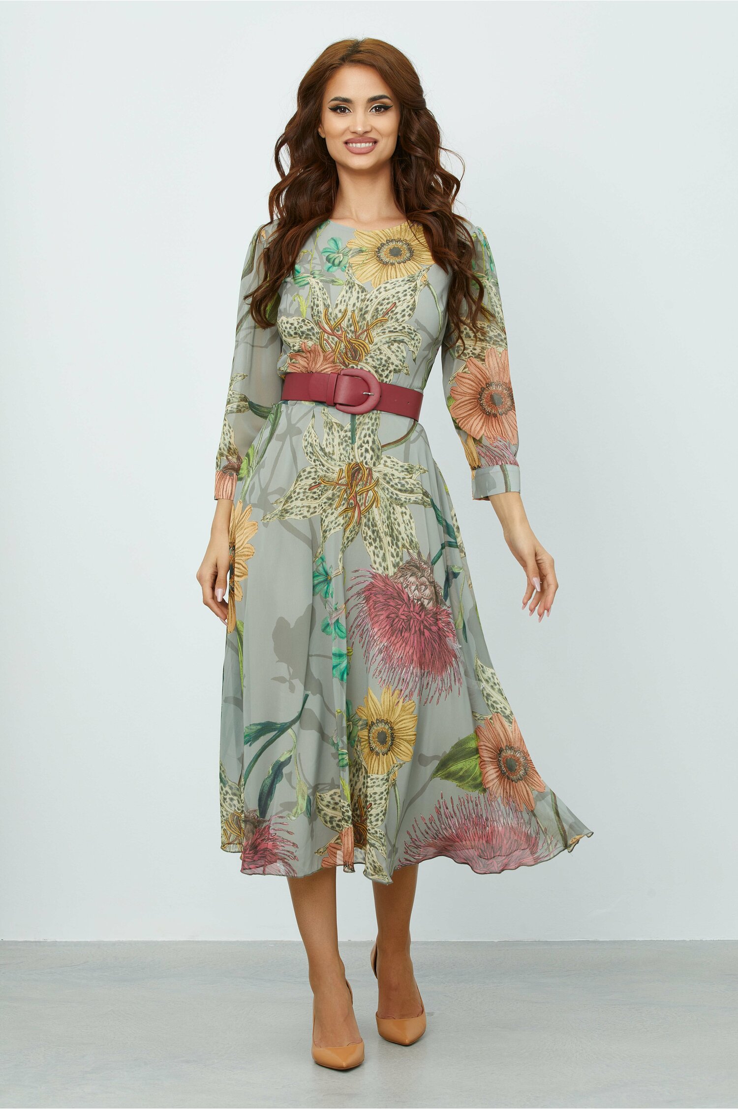 Rochie damia kaki cu imprimeuri florale colorate