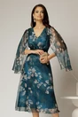 Rochie de ocazie albastru petrol cu imprimeu floral bej si insertii aurii, 1, dyfashion.ro