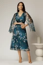 Rochie de ocazie albastru petrol cu imprimeu floral bej si insertii aurii, 3, dyfashion.ro