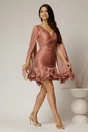 Rochie de ocazie roz coniac cu maneci vaporoase din voal peliculizat, 3, dyfashion.ro