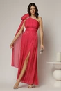 Rochie de seara fucsia din voal peliculizat cu accesoriu pe umar, 1, dyfashion.ro