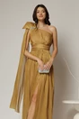 Rochie de seara galben mustar din voal peliculizat cu accesoriu pe umar, 3, dyfashion.ro