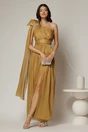 Rochie de seara galben mustar din voal peliculizat cu accesoriu pe umar, 1, dyfashion.ro