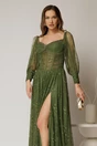 Rochie de seara kaki din dantela cu decolteu tip corset, 3, dyfashion.ro