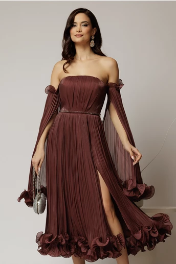 Rochie de seara maro ciocolata cu volanase din voal cu pelicula si maneci detasabile