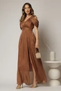 Rochie de seara maro cu maneci vaporoase din voal peliculizat, 1, dyfashion.ro
