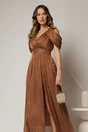 Rochie de seara maro cu maneci vaporoase din voal peliculizat, 3, dyfashion.ro