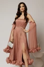 Rochie de seara roz coniac cu volanase din voal cu pelicula si maneci detasabile, 1, dyfashion.ro