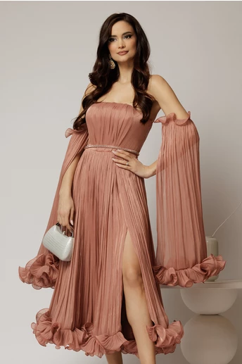 Rochie de seara roz coniac cu volanase din voal cu pelicula si maneci detasabile