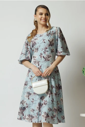 Rochie de zi din viscoza bleu cu imprimeuri florale gri