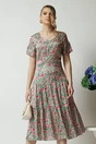 Rochie de zi din viscoza satinata ivory cu floricele roz