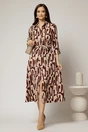 Rochie de zi midi bej cu imprimeuri bordo tip camasa cu cordon in talie, 3, dyfashion.ro