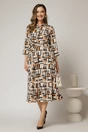 Rochie de zi midi bej cu imprimeuri caramizii tip camasa cu cordon in talie, 3, dyfashion.ro