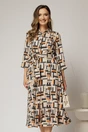 Rochie de zi midi bej cu imprimeuri caramizii tip camasa cu cordon in talie, 1, dyfashion.ro