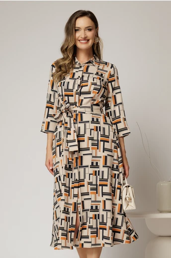 Rochie de zi midi bej cu imprimeuri caramizii tip camasa cu cordon in talie