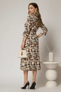 Rochie de zi midi bej cu imprimeuri caramizii tip camasa cu cordon in talie, 2, dyfashion.ro