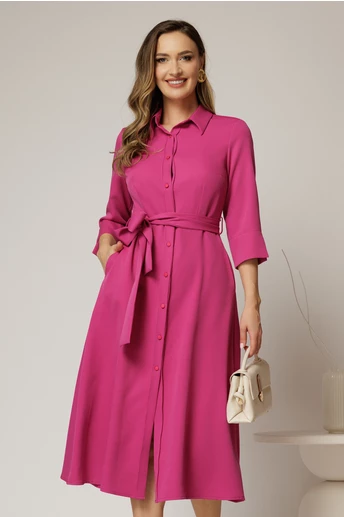 Rochie de zi midi fucsia tip camasa cu cordon in talie