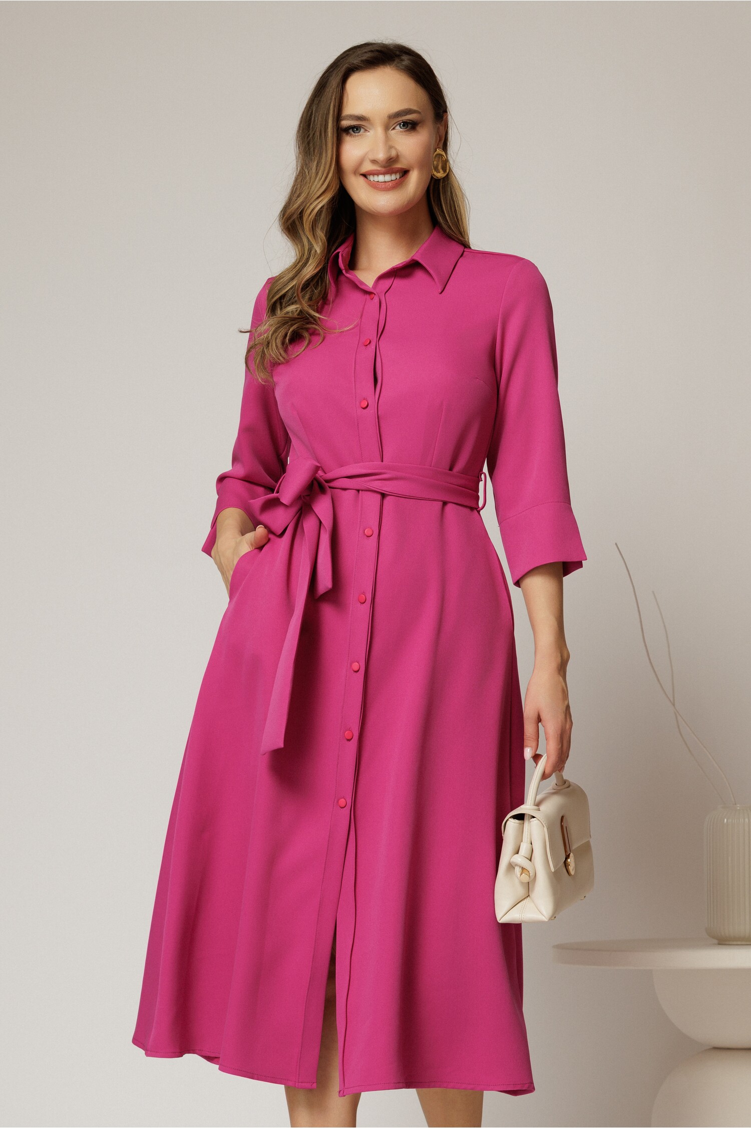Rochie de zi midi fucsia tip camasa cu cordon in talie